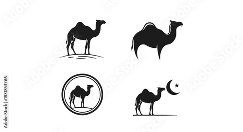 Minimal camel logo silhouette set featuring 4 branding variations including full body camel, elegant side profile, circular emblem badge, and camel with crescent concept.