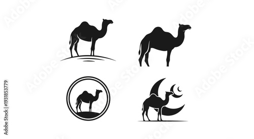 Minimal camel logo silhouette set featuring 4 branding variations including full body camel, elegant side profile, circular emblem badge, and camel with crescent concept.