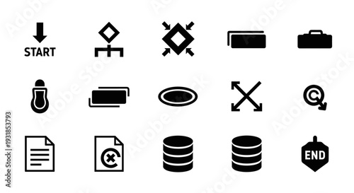 A versatile collection of flat black vector icons, essential for crafting clear and effective diagrams and flowcharts, ideal for process mapping and data visualization projects