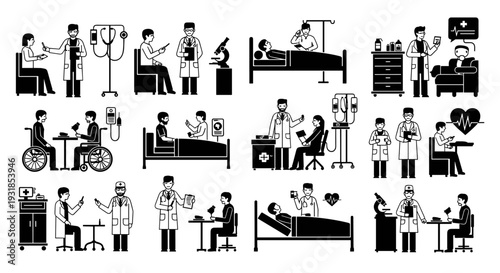 Extensive vector collection depicting various medical scenarios, featuring doctors and patients in healthcare settings for consultations, examinations, and treatments