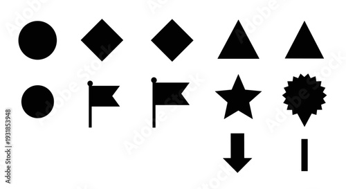 Black vector shapes and icons isolated on a white background, diverse geometric figures and symbols for design and web applications