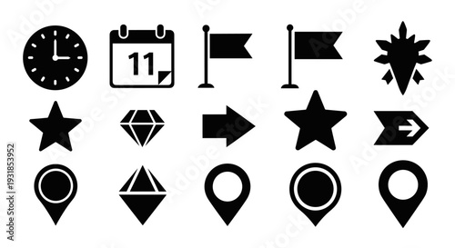A diverse collection of useful black vector graphic elements, encompassing time, date, navigation, and favorite symbols, perfect for clean digital design and user interface kits