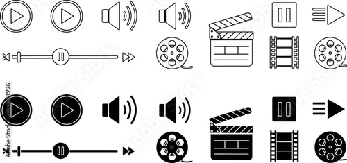 Collection of black and white video editing icons and symbols