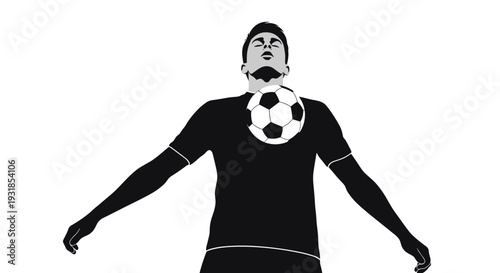 Dynamic black and white vector illustration of a male athlete expertly balancing a soccer ball on his neck during a skillful freestyle performance, capturing athleticism