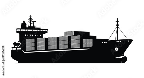 A striking black silhouette of a large container ship at sea showcasing its detailed structure and form silhouette high quality professional