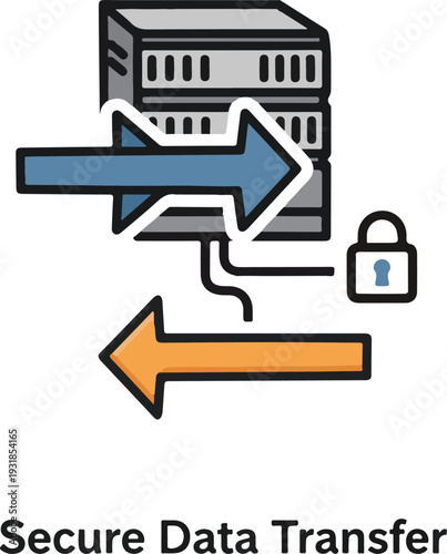 Secure Data Transfer Icon with Server Rack, Padlock, and Directional Arrows
