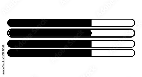 Set of four horizontal progress bar vectors, illustrating loading or completion status with a clear distinction between filled and empty sections in a minimalist style