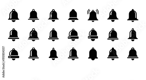 Comprehensive vector icon set of notification bells, illustrating diverse alert symbols, ringing states, and silent modes for modern UI/UX design and digital communication