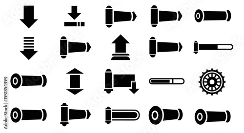 Vector icons for download, upload, and progress bar indicators. Modern UI elements for web and mobile applications, presented in a minimalist black and white design style