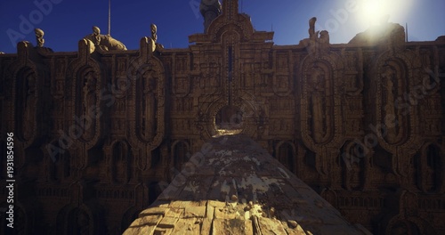 Картината върху платно noon sun illuminates carved facade, massive reliefs cast dramatic shadows, textu