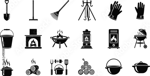 Black silhouette vector illustration of outdoor cooking pots, firewood, grills, garden tools, fireplace, and camping accessories, decorative design for survival artwork
