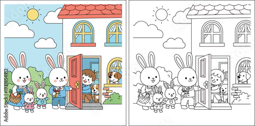 Cute rabbit family visiting a boy at his house. Happy bunnies with gift and carrots greeting a child at the front door. Vector illustration of animal neighbors.