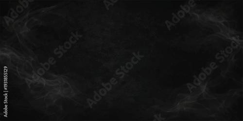 A dark grunge texture of gray smoke swirls across a blank black chalkboard background, creating a vintage night sky pattern on the old textured wall surface