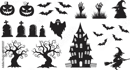 Black silhouette Halloween elements set jack o lantern pumpkins bats witch ghost haunted house gravestones dead trees spooky cemetery, horror festival vector illustration for party decor designs logos