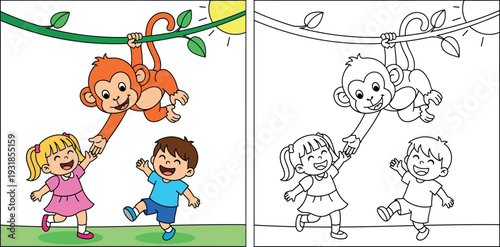 Cute cartoon monkey hanging from a vine reaching out to happy children. Funny animal friend playing with boy and girl