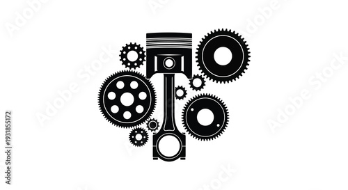A striking black silhouette depicts engine components including gears and a piston conveying mechanical power silhouette high quality professional detailed modern