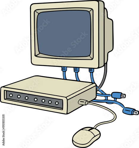 A simple cartoon illustration depicts a vintage desktop computer with a bulky monitor, wired mouse, and connected cables.