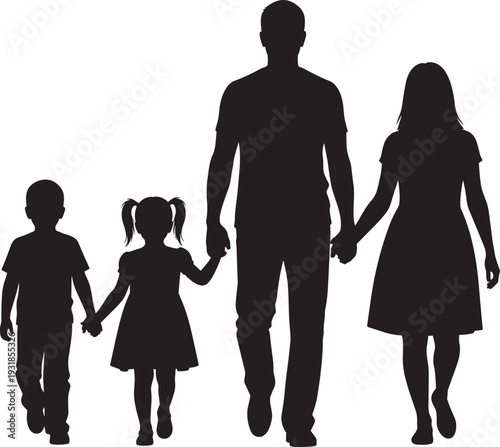 Black silhouette happy family walking together parents holding hands with son daughter child bonding love unity togetherness, parenthood vector illustration for family lifestyle designs logos