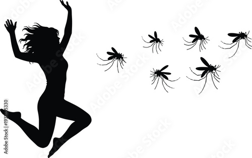Woman jumping away from mosquitoes silhouette black white background