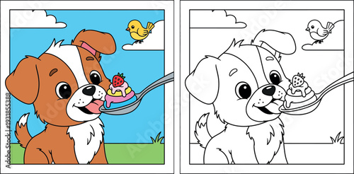 Cute cartoon puppy licking sweet strawberry dessert from a spoon with yellow bird friend in nature background