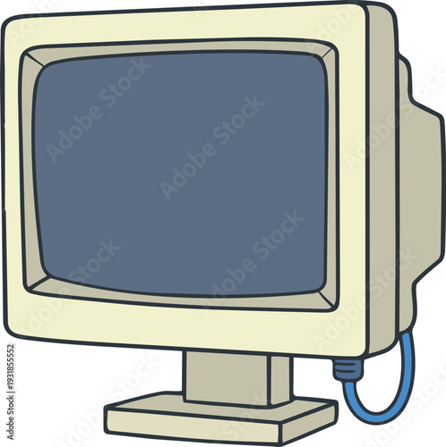A flat illustration depicts a beige retro CRT computer monitor with a blue cable connected at the back.