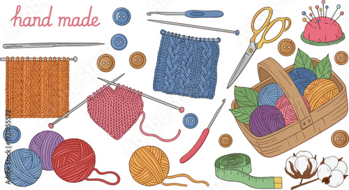Handmade Knitting and Sewing Collection with Yarn Balls Needles Scissors Buttons and Fabric Vector Illustration