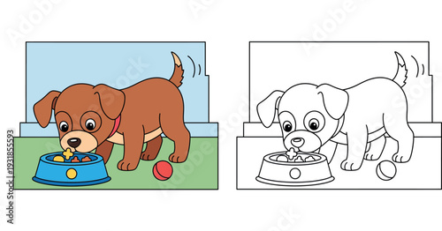 Cute brown cartoon puppy eating dry food from blue bowl and wagging tail with red ball on green floor vector