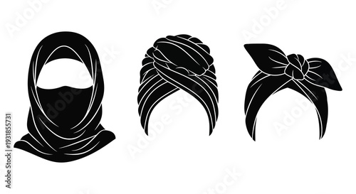 A collection of three distinct black headwear designs showcasing various styles and coverings in silhouette high quality professional detailed modern elegant