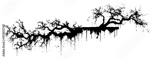 Horizontal silhouette of gnarled dead branches with dripping paint and grunge splatters