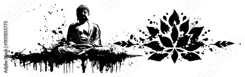 Spiritual composition with meditating Buddha statue and stylized lotus flower in grunge ink style