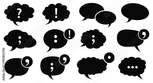 A collection of black speech bubbles and punctuation marks presented as bold graphic silhouettes high quality professional detailed modern elegant stylish