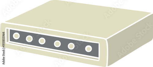 A flat illustration shows a beige retro external storage device with front panel indicator buttons.
