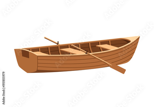 Wooden Boat with Oars Isolated on White.