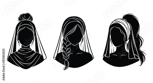 Three elegant women with various hairstyles and head coverings are depicted in a striking black silhouette high quality professional detailed modern