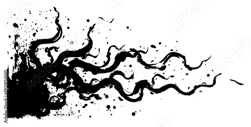 Abstract black ink splash with wavy organic tendrils and splatter elements