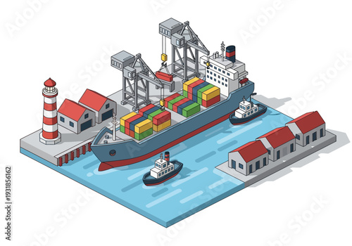 Cargo Ship at Industrial Port with Cranes.