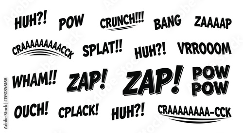 comic book sound effects vector, pow zap bang vroom onomatopoeia typography set