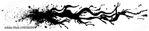 Dynamic horizontal black ink trail with splatters and fluid organic shapes