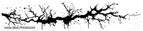Abstract organic branch silhouette with heavy grunge ink splatters and drips