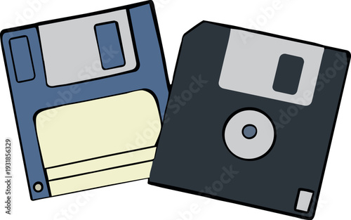 A flat vector illustration shows two retro floppy disks in different colors overlapping each other against
