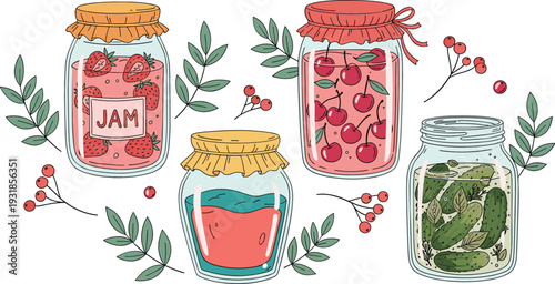 Homemade Preserves Collection with Strawberry Jam Cherry Compote and Pickled Cucumbers in Glass Jars Vector Illustration