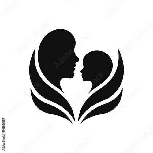 A motherday , silhouette of two human figures in a loving embrace, surrounded by abstract wing-like shapes, suggesting themes of family, intimacy, and the strength of human connection.