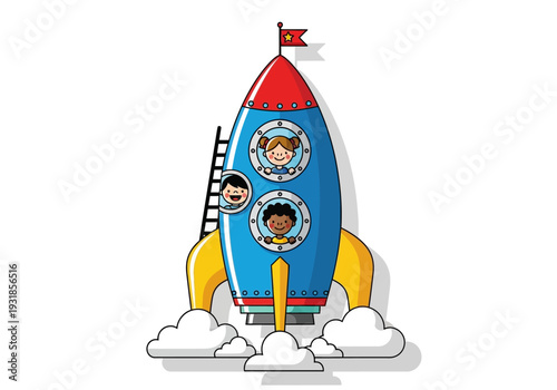 Blue Cartoon Rocket Ship with Astronauts Inside.