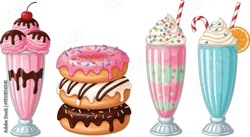 Colorful dessert vector illustration with ice cream sundae, donuts, milkshakes topped with whipped cream, sprinkles, candy and fruit in vibrant design