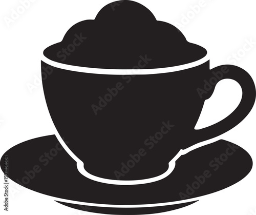 A black and white illustration of a cup of coffee with a saucer beneath it.