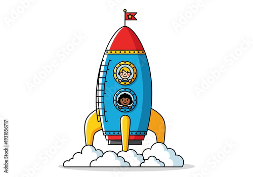 Blue Cartoon Rocket Ship Launching into Space.