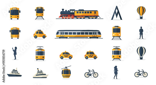 Transportation Icons Featuring Vehicles and Travelers.