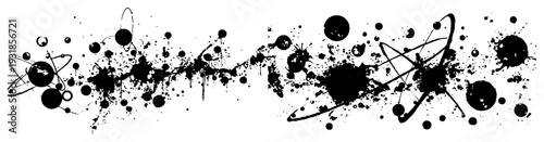 Abstract horizontal composition of black ink splatters and cosmic orbital circles in grunge style