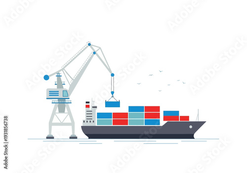 Cargo Ship with Containers Being Loaded.