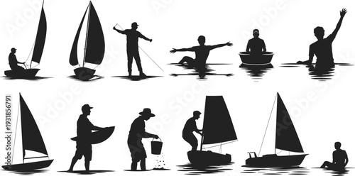 Boating and water activity silhouettes, sailing, fishing, swimming, rowing, carrying boat, pouring water, aquatic recreation illustration, leisure concept artwork